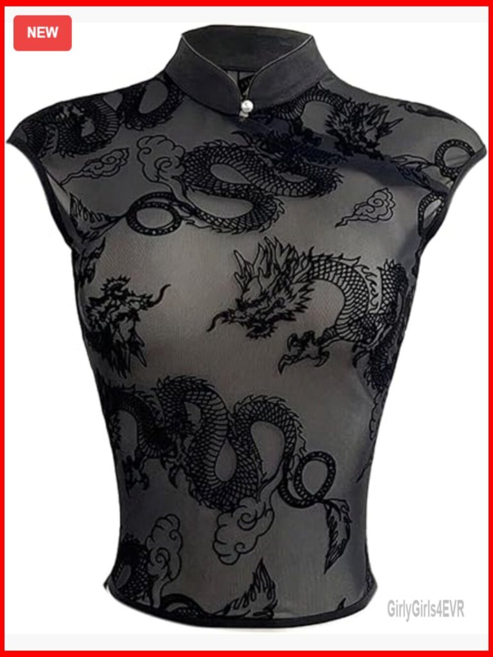 Sheer Mesh Cheongsam Top with Dragon Print Cap Sleeve Mock Neck T-Shirt
